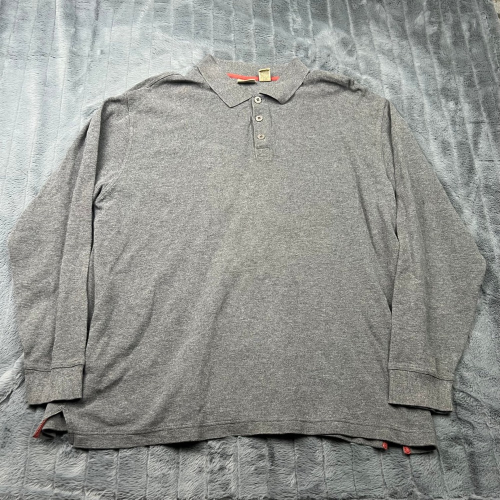 LL Bean Mens XL Gray Waffle Knit Long Sleeve Polo Shirt Cotton 15121